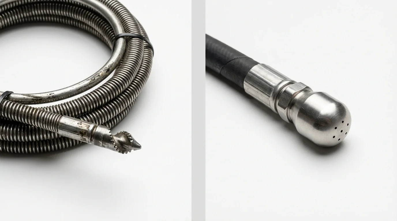 Drain snake cable and hydro jetting nozzle used for drain cleaning in Portage, WI