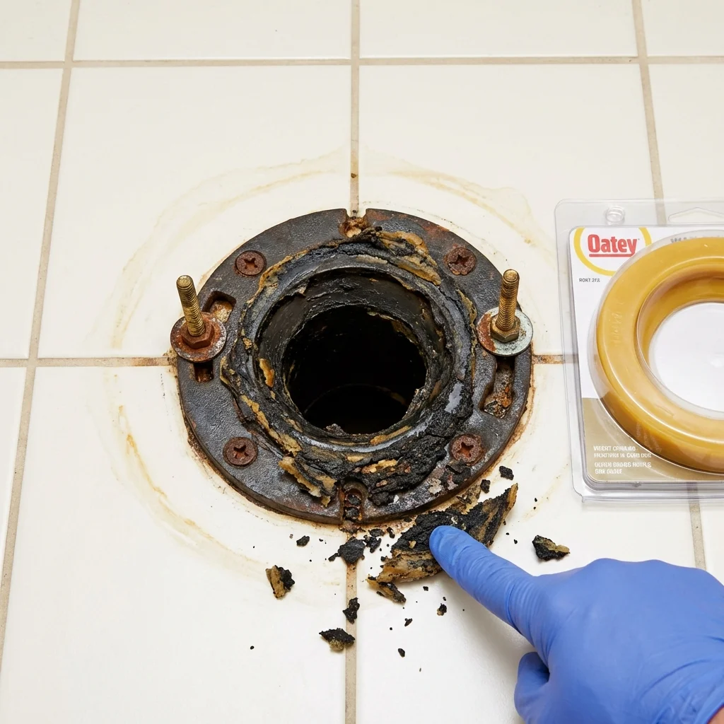 Failed wax ring showing water seepage at the base of a toilet in a Portage, WI home