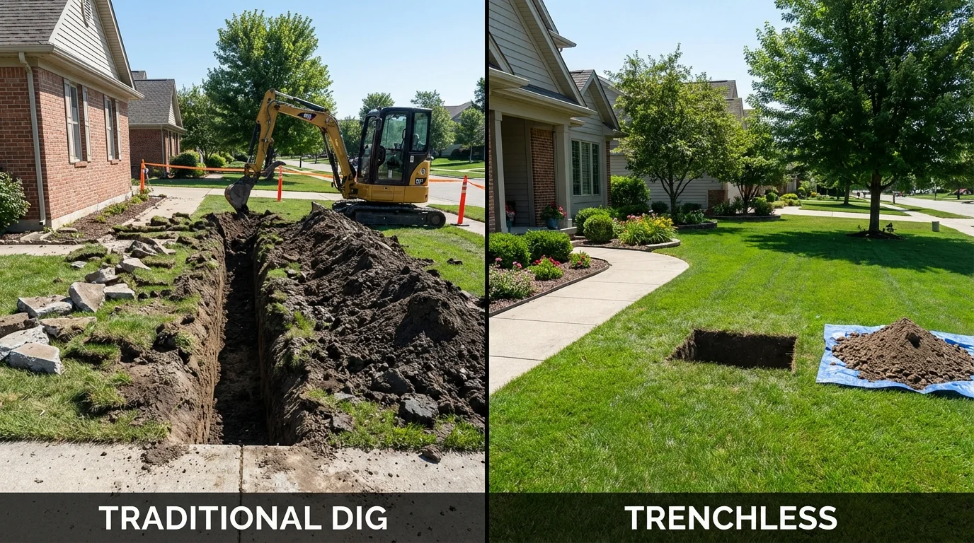 Trenchless sewer repair with minimal yard damage versus traditional excavation in Portage, WI